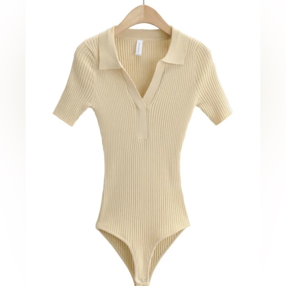 JUSTFAB Cream Ribbed Knit Polo Bodysuit